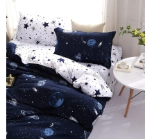 Posteljnina 160x200, 3 delna, temno modra, s planeti