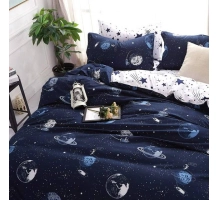 Posteljnina 160x200, 3 delna, temno modra, s planeti