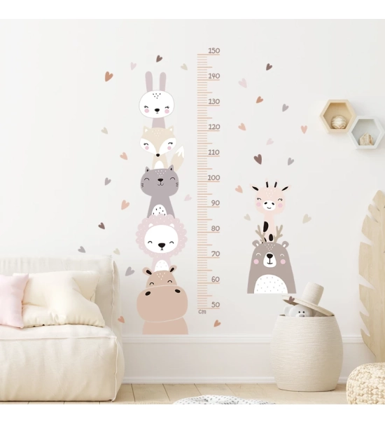 Stenske nalepke za otroško sobo, za merjenje višine, z živali, 113x67cm, modro