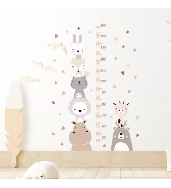 Stenske nalepke za otroško sobo, za merjenje višine, z živali, 113x67cm, modro