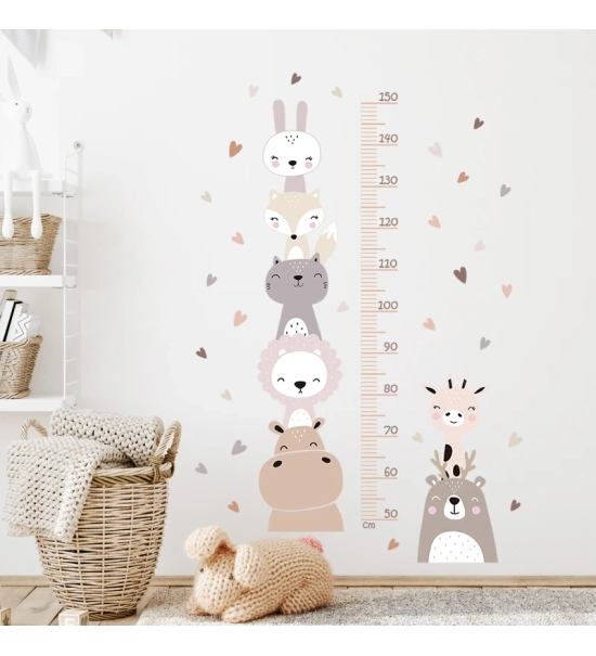 Stenske nalepke za otroško sobo, za merjenje višine, z živali, 113x67cm, modro