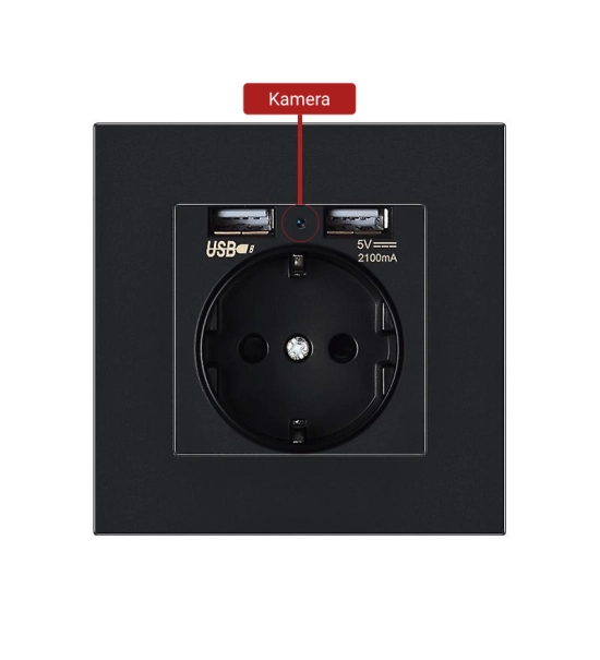 Black EU wall socket with hidden security camera, CMOS, Wi-Fi, 1080p (Full-HD)