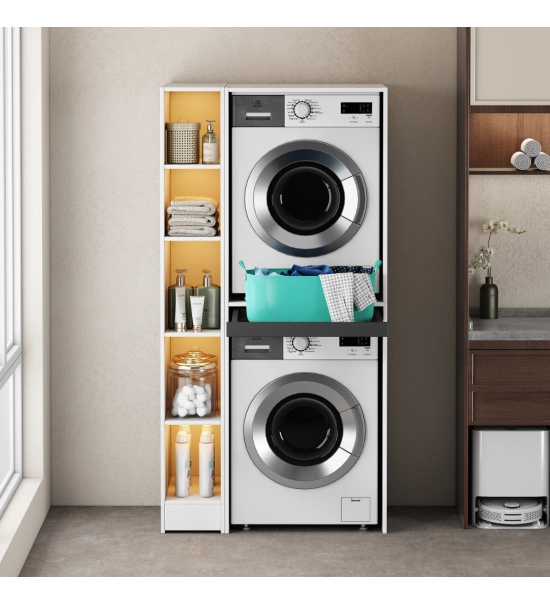 Cabinet for washing machine and dryer with foldable drawer, WHITE + side cabinet