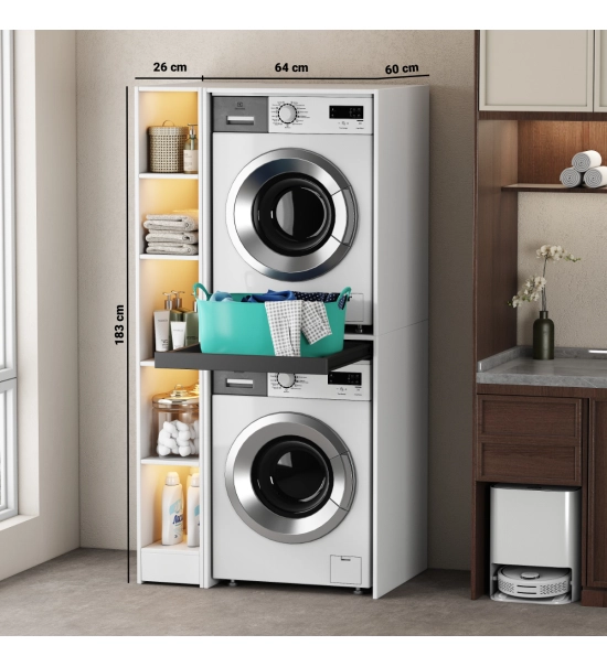 Cabinet for washing machine and dryer with foldable drawer, WHITE + side cabinet