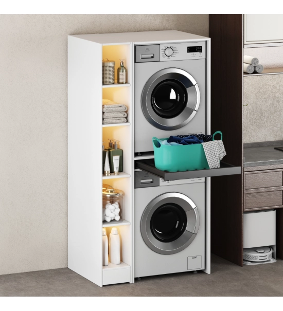 Cabinet for washing machine and dryer with foldable drawer, WHITE + side cabinet