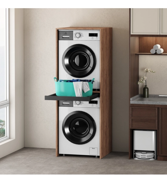 Cabinet for washing machine and dryer, with pull-out shelf, oak