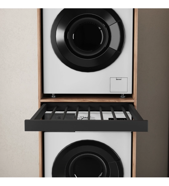 Cabinet for washing machine and dryer, with pull-out shelf, oak