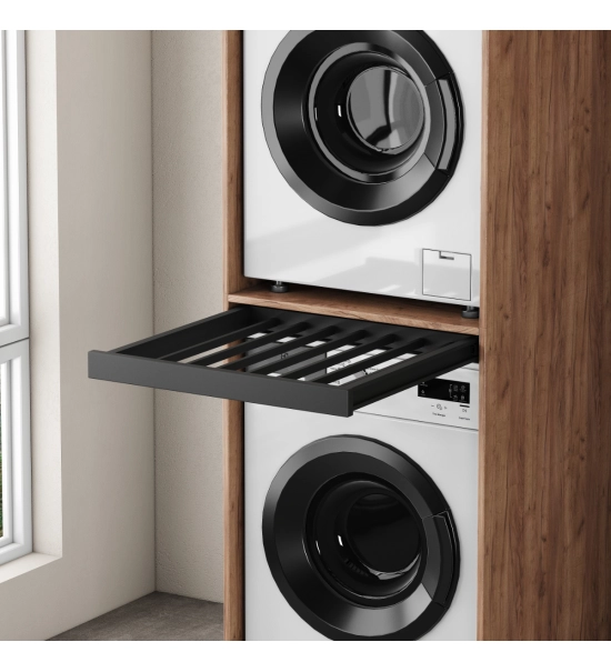 Cabinet for washing machine and dryer, with pull-out shelf, oak