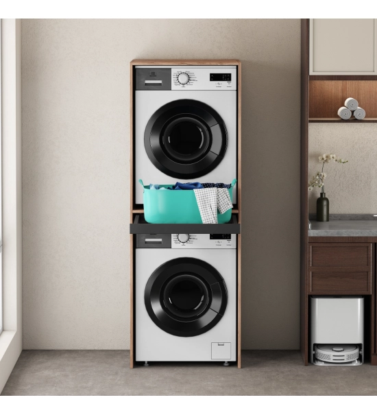 Cabinet for washing machine and dryer, with pull-out shelf, oak