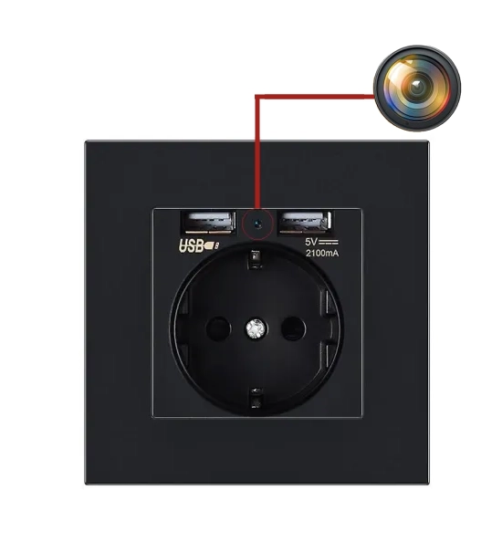 Black EU wall socket with hidden security camera, CMOS, Wi-Fi, 1080p (Full-HD)