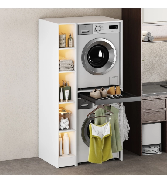 Cabinet for washing machine and dryer with foldable drawer, WHITE + side cabinet