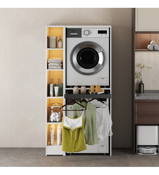 Cabinet for washing machine and dryer with foldable drawer, WHITE + side cabinet