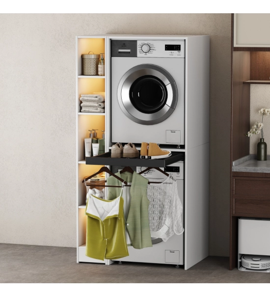 Cabinet for washing machine and dryer with foldable drawer, WHITE + side cabinet