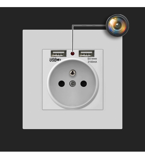 White EU wall socket with hidden security camera, CMOS, Wi-Fi, 1080p (Full-HD)