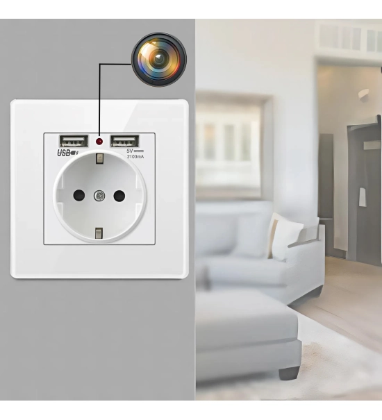 White EU wall socket with hidden security camera, CMOS, Wi-Fi, 1080p (Full-HD)