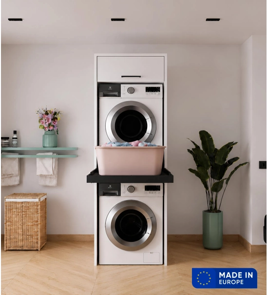 Cabinet for washing machine and dryer with pull-out shelf and upper cabinet (30 cm), white