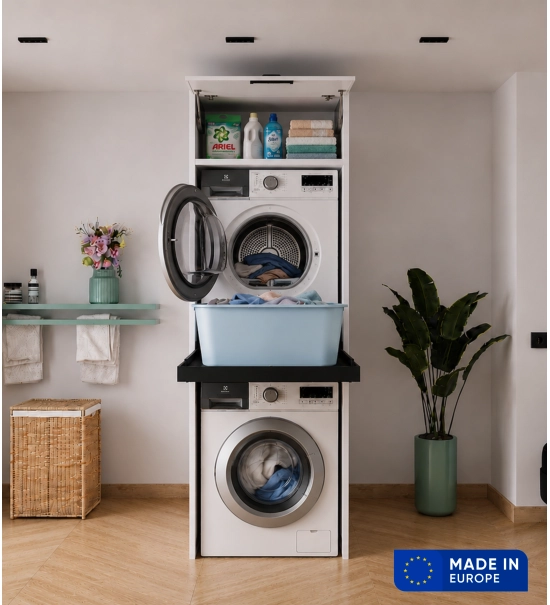 Cabinet for washing machine and dryer with pull-out shelf and upper cabinet (30 cm), white