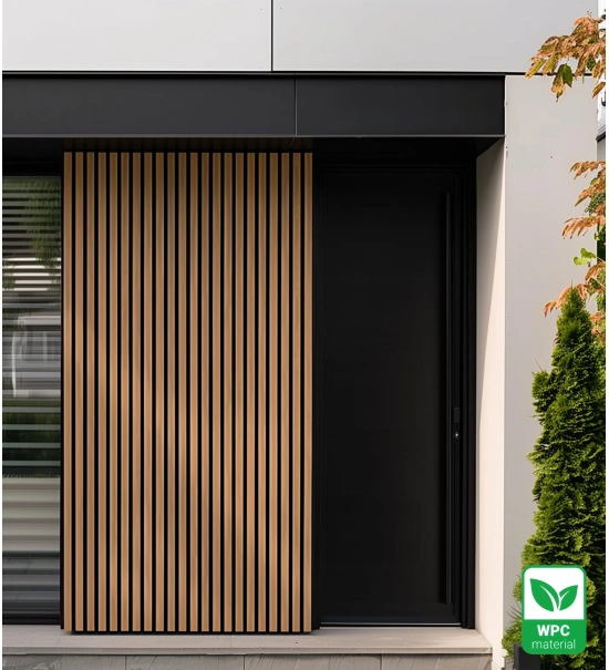 WPC facade panel TEAK/BLACK, GRAIN texture 2K26, 219x2900 mm, dual color (0.63 m²)