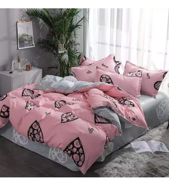 Posteljnina 200x220, PINK HEARTS, 3 delna, roza s srčki