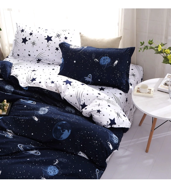 Posteljnina 160x200, 3 delna, temno modra, s planeti