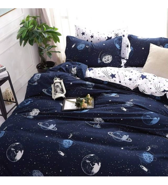 Posteljnina 160x200, 3 delna, temno modra, s planeti
